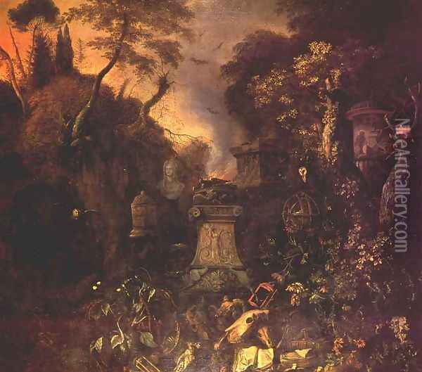 Landscape with a Graveyard by Night Oil Painting - Mathias Withoos