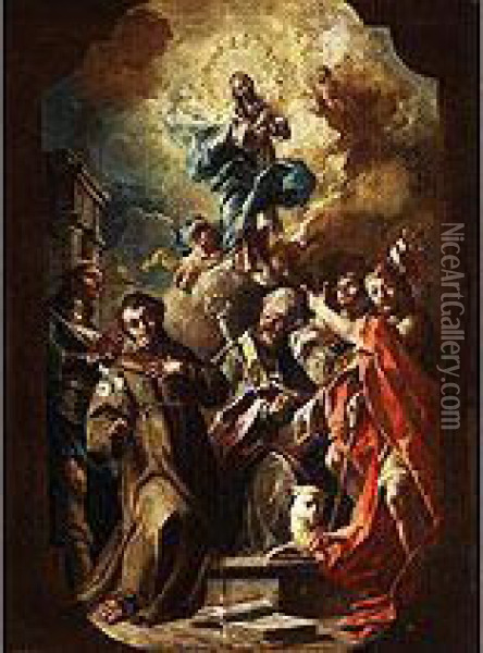 Maria Immaculata In Wolken Uber Einer Gruppe Von Heiligen Oil Painting - Lorenzo Domenico De Caro