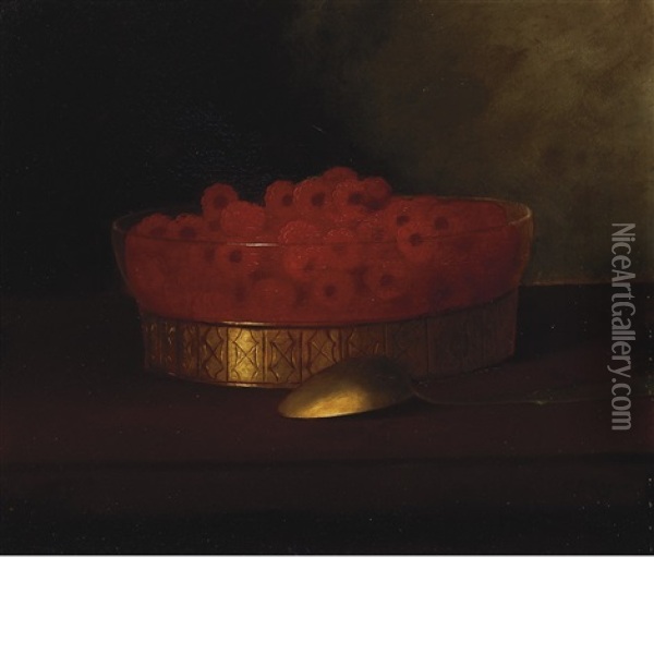 Still Life Of Raspberries In A Bowl With A Spoon Oil Painting - Carducius Plantagenet Ream