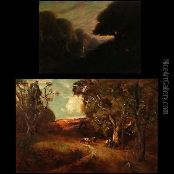 Pastoral Scene (+ Sunset At The Lake Cabin, Smllr; 2 Works) Oil Painting - Jules R. Mersfelder