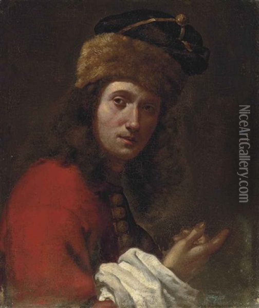 Portrait Of A Man, Bust-length, In A Red, Fur-trimmed Coat And Black Fur Hat Oil Painting - Lorenzo Lippi
