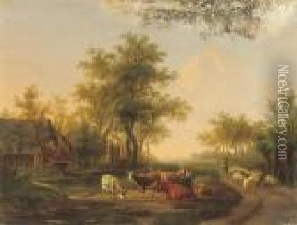 Cattle Near A Stream At Sunset Oil Painting - Willem De Klerk