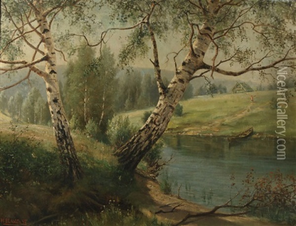 Birches On The River Bank Oil Painting - Ivan Augustovitch Veltz