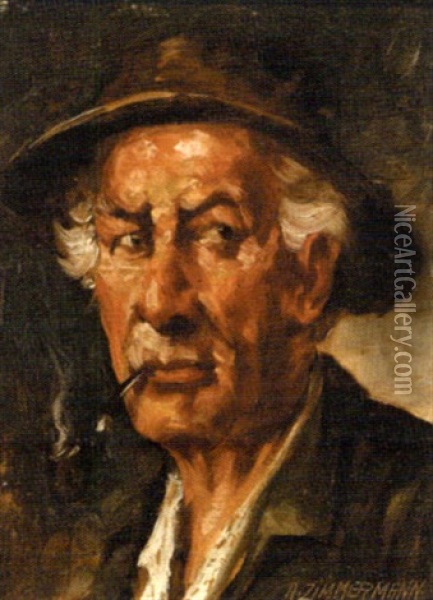 Elderly Man With A Pipe Oil Painting - Alfred Zimmermann