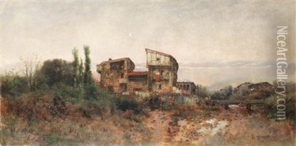 A Country House In A Landscape Oil Painting - Jose Armet Portanel