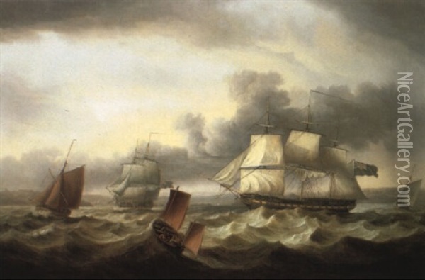 Frigates With Other Coastal Vessels Off Plymouth Oil Painting - Thomas Luny
