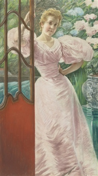 Portrait Of A Young Woman In A Conservatory Oil Painting - James Jacques Joseph Tissot