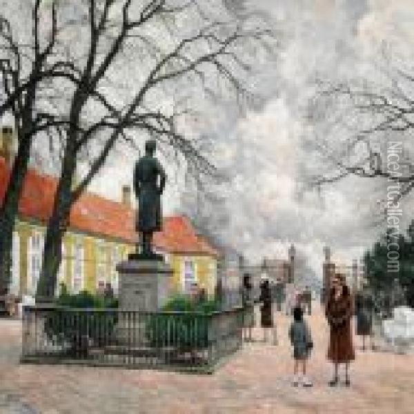 The Entrance To Frederiksberg Garden With The Statue Of King Frederik Vi Oil Painting - Paul-Gustave Fischer
