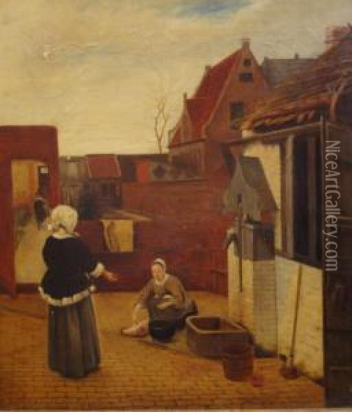 A Courtyard With A Maid Gutting Fish Before A Fountain, Watched By Her Mistress Oil Painting - Jan Vermeer Van Delft