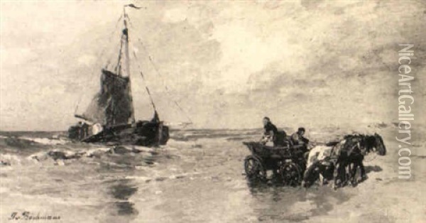 Fischerboot Und Pferdekarren Am Strand Oil Painting - Gregor von Bochmann the Elder