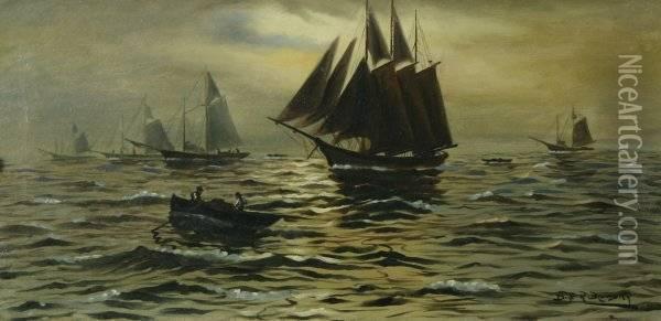 Sailboats Atdusk Oil Painting - Dey De Ribcowsky