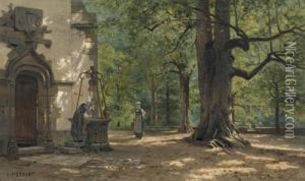Zwei Frauen Am Brunnen. Oil Painting - Marie-Victor Emile Isenbart