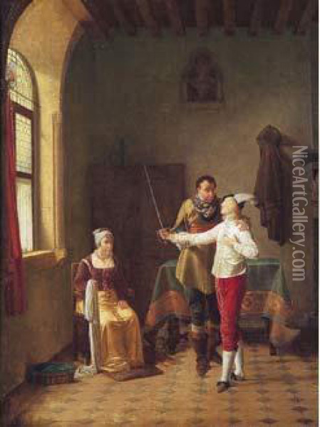 La Lecon D'escrime. Oil Painting - Jean-Baptiste Mallet