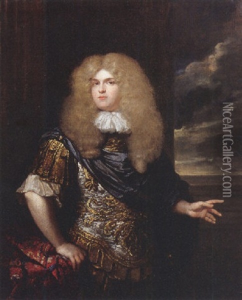 Portrait Of A Naval Officer Standing On Terrace By A Table, Wearing A Classical Style Armour, With A Blue Cloak, Lace Shirt And A Wig Oil Painting - Caspar Netscher