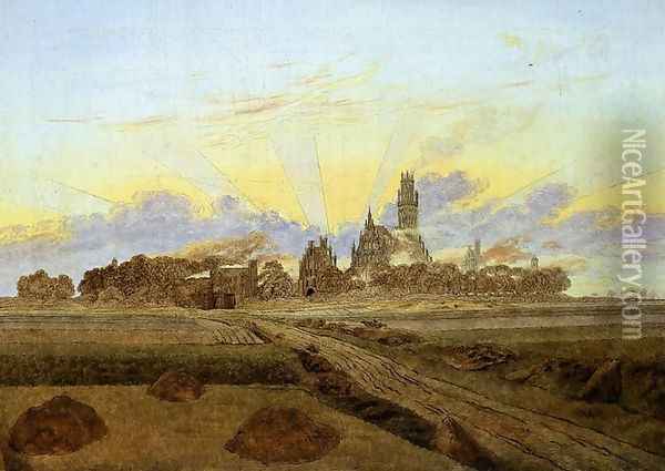 Neubrandenburg in Flames (Sunrise near Neubrandenburg) c. 1835 Oil Painting - Caspar David Friedrich