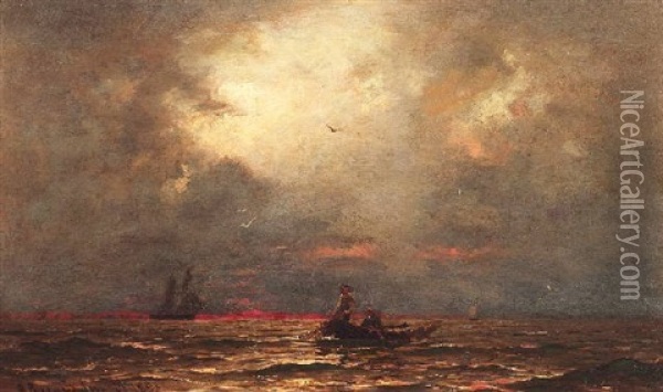 Fischerboote Auf Ruhiger See In Der Abendsonne Oil Painting - Georg Anton Rasmussen