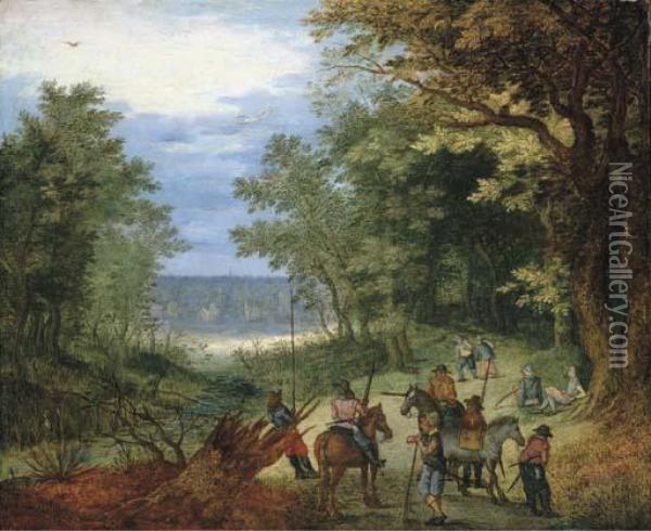 A Wooded Landscape With Soldiers Resting On A Path By A Stream Oil Painting - Jan The Elder Brueghel