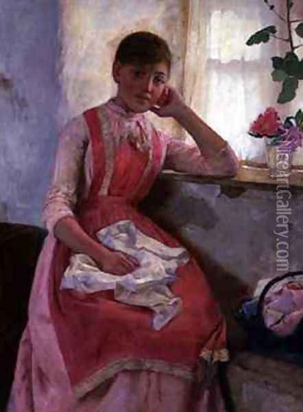 Portrait of a girl in a pink apron Oil Painting - Edwin Harris