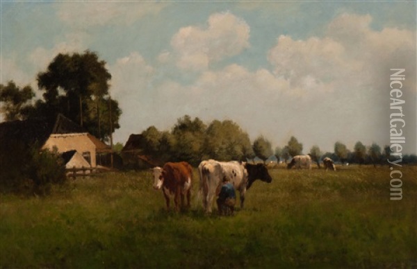 Milking Of The Cows In A Meadow Oil Painting - Herman Bogman I