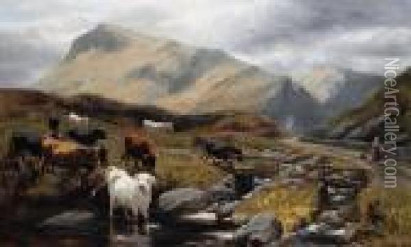 Highland Cattle By A Stream Oil Painting - Robert Watson