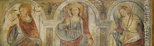 Saint Barbara With Saint George And The Archangel Michael Within Painted Niches Oil Painting - Gaudenzio Ferrari