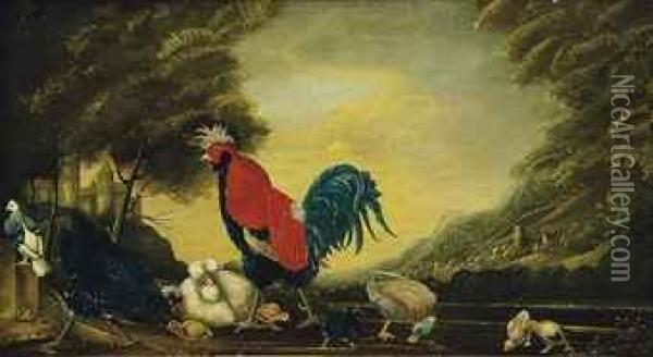 A Cockerel, Hens, Chicks And A Mallard In A Wooded Landscape, Acastle Beyond Oil Painting - Marmaduke Cradock