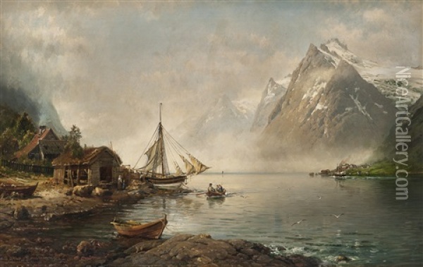 Fjordlandskap Med Folkeliv Oil Painting - Anders Monsen Askevold