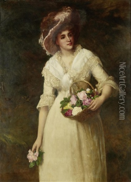 Lady With A Basket Of Roses Oil Painting - William Oliver the Younger