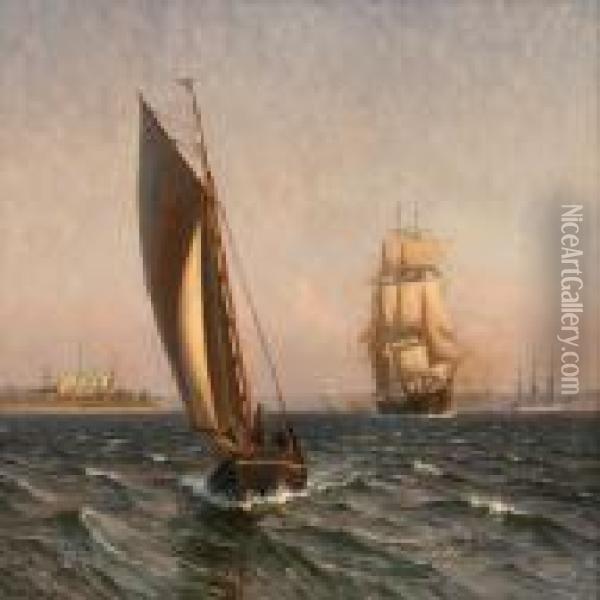 Marine With Smaller And Larger Sailing Ships Near Elsinore Castle Oil Painting - Vilhelm Karl Ferd. Arnesen