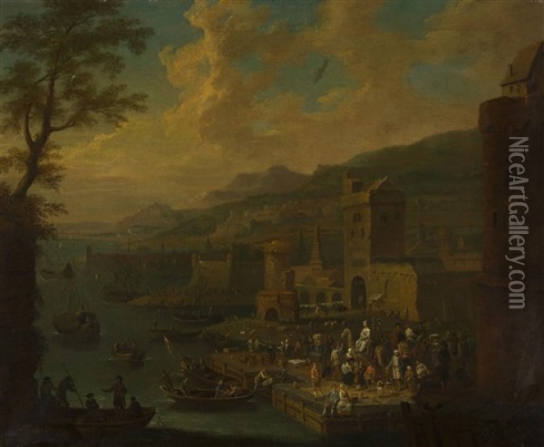 A Busy Riverside Port With Figures And Boat By The Quay Oil Painting - Mathys Schoevaerdts