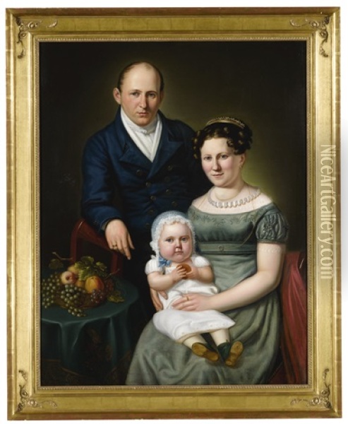 Mother, Father And Infant Baby With Still-life Of Fruit On A Draped Side Table Oil Painting - Sarah Miriam Peale