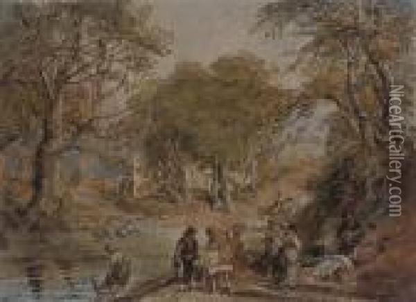 Figures Washing At The River Oil Painting - David Cox