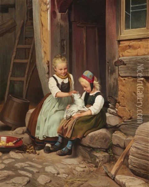 Two Peasant Girls With A Cat Oil Painting - Franz Meyerheim