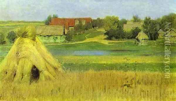Sheaves and a Village Beyond the River 1885 Oil Painting - Isaak Ilyich Levitan