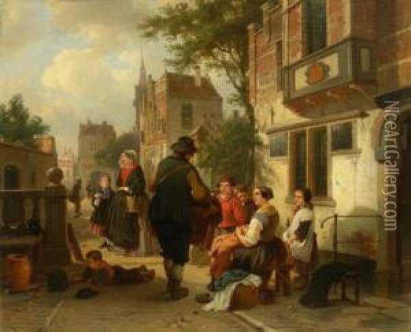 Figures In The Street Old Antwerp Oil Painting - Jan Michael Ruyten