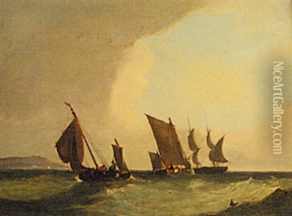 Fishing Boats Off A Coastline Oil Painting - Frederick Calvert
