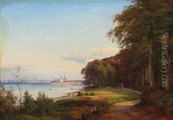 Summer Day At Hellebaek With A View To Kronborg Castle Oil Painting - Anders Andersen-Lundby