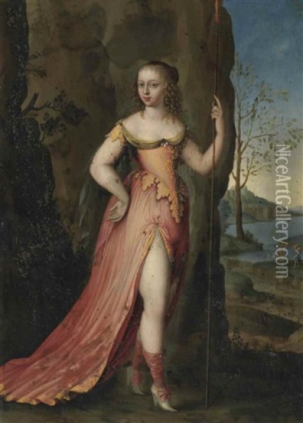Portrait Of A Lady, Full-length, As Diana, In A Rocky Landscape Oil Painting - Joseph Werner the Younger