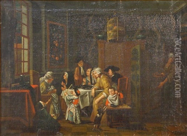Hollandische Interieurszene Mit Einer Familie Am Estisch Oil Painting - Jan Josef Horemans the Younger