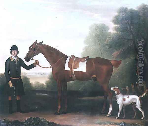 Lord Portmans Snap held by groom with dog Oil Painting - James Seymour