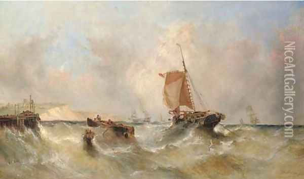 Hauling in the catch in a heavy swell off Dover, with busy Channel traffic beyond Oil Painting - William Calcott Knell