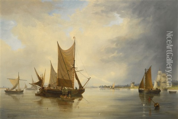 Merchant Shipping Off Shore In A Calm Oil Painting - John Wilson Carmichael