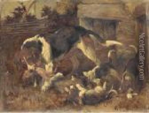 A Hound And Puppies With A Fox's Brush Outside A Kennel Oil Painting - John Emms