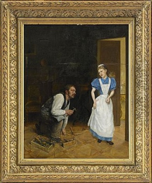 Snickaren Och Tjansteflickan Oil Painting - Wilhelmina K. Lagerholm