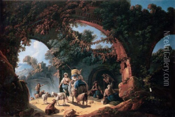 A Landscape With Drovers And Sheep Sheltering Among Ruins Oil Painting - Jean Baptiste Pillement