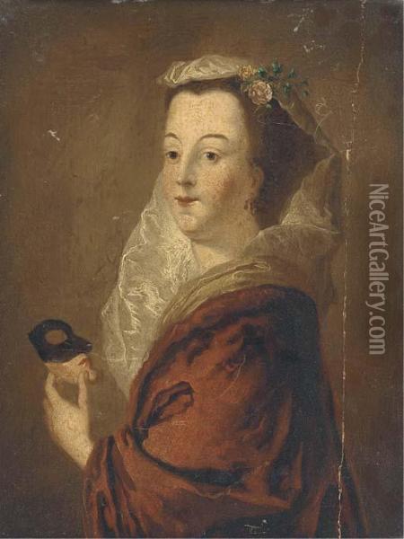 Portrait Of A Lady, Bust-length Holding A Mask; And Portrait Of Alady In A Tricorn Hat Oil Painting - Pietro Antonio Rotari