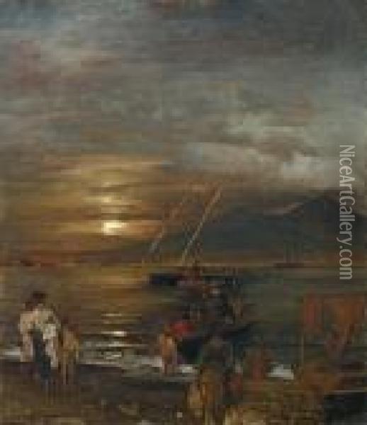 Die Bucht Von Neapel Im Mondschein Oil Painting - Oswald Achenbach