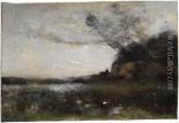 Une Tour Au Loin. Effet Dusoir Oil Painting - Jean-Baptiste-Camille Corot