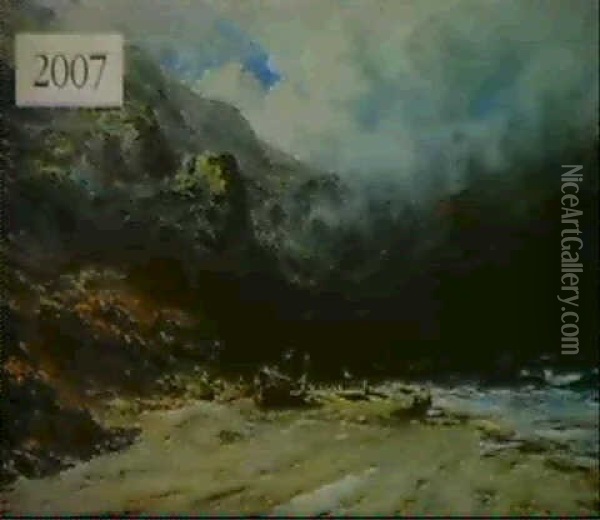 Small Boat Against Mountainous Shoreline Oil Painting - Robert B. Hopkin