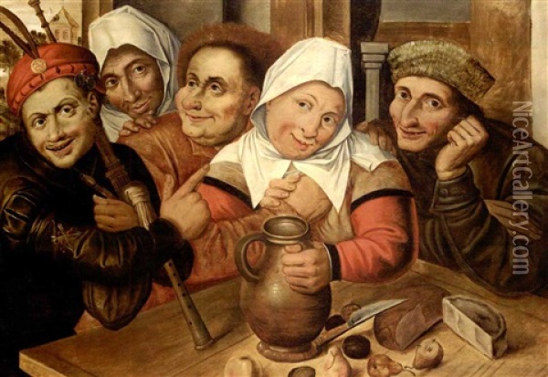 A Peasant Making Advances On A Woman, Other Peasants Gathered Around A Table With A Jug Of Wine, Fruit And Cheese (in Collab. With Artist's Studio) Oil Painting - Jan Massys